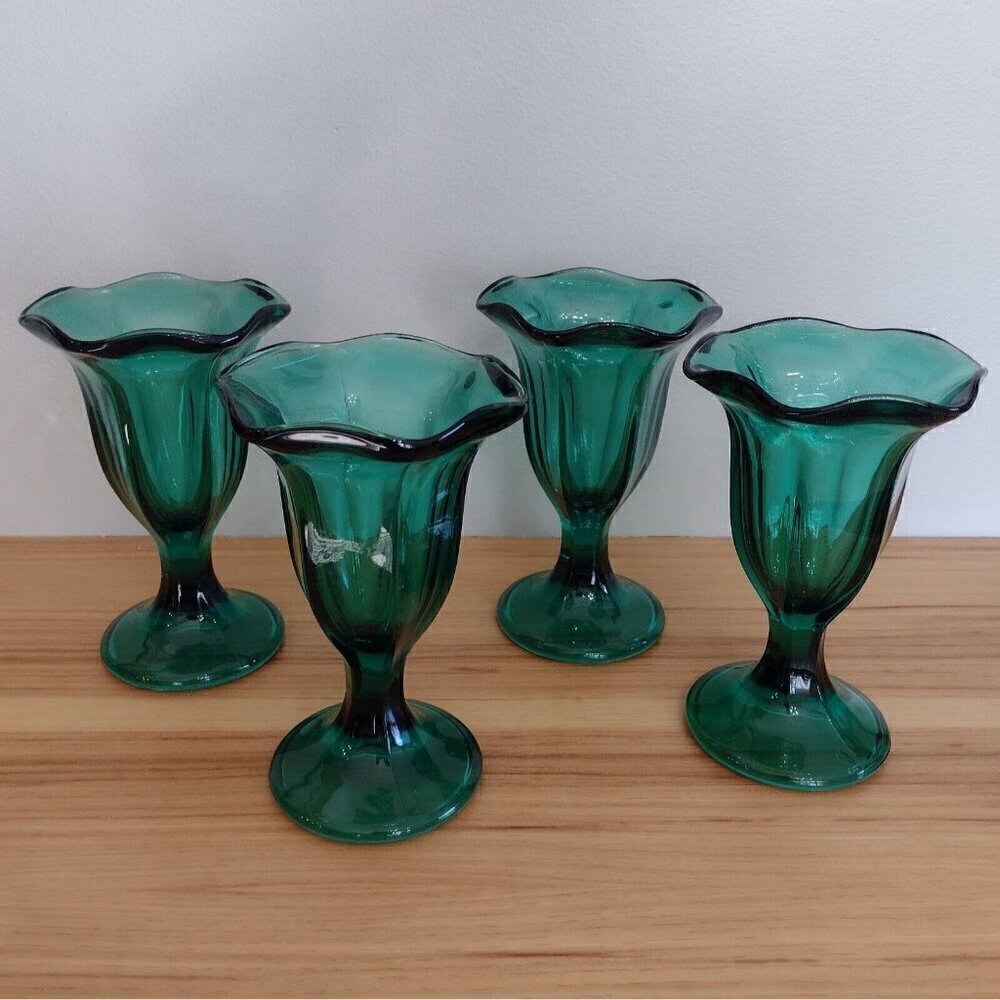 Vintage (4) Anchor Hocking Emerald Green Glass Ice Cream Dishes Tulip Footed